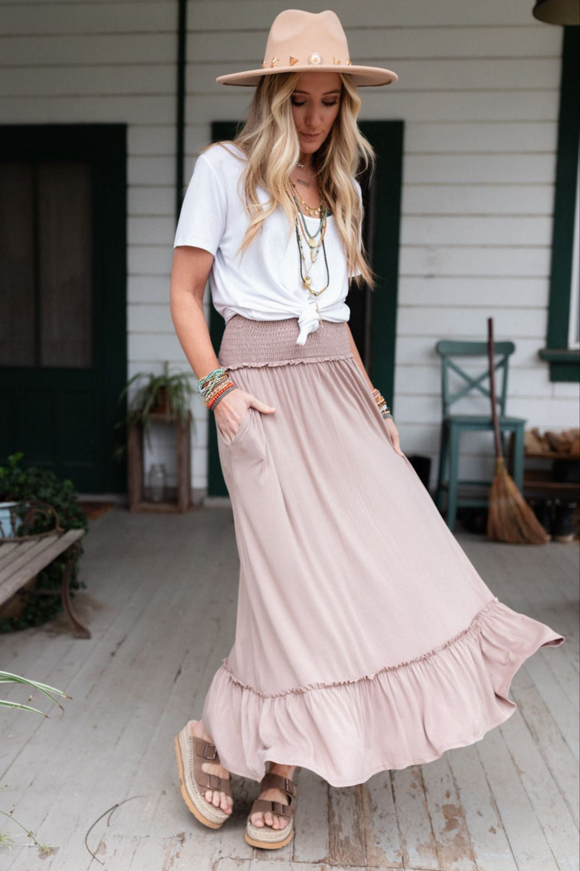The Nest Rustic Romance Smocked Maxi Skirt - Dark Mocha - Pre Order
