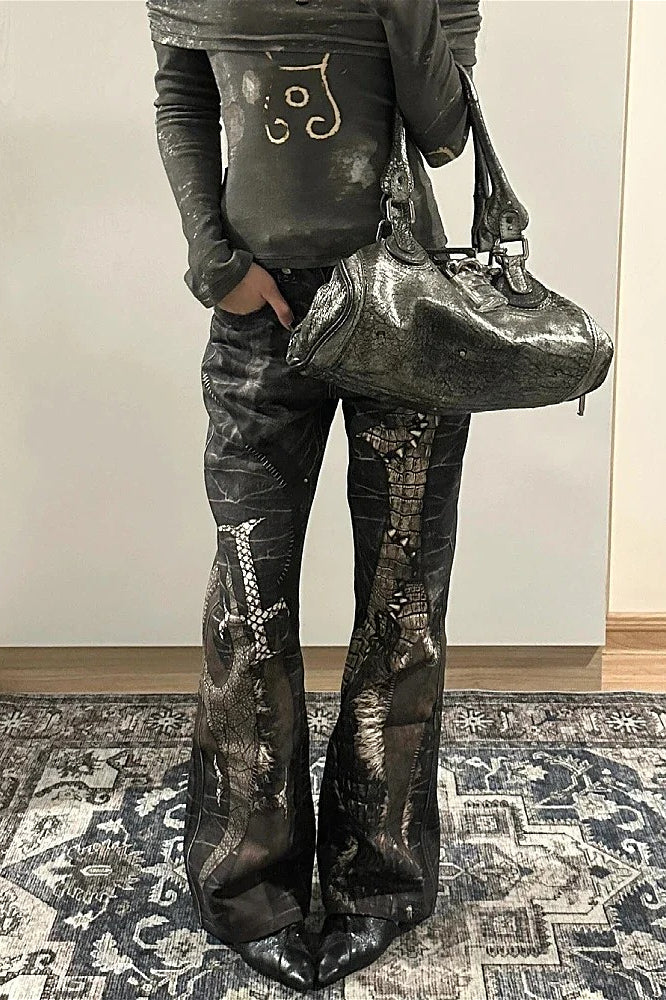 Snake Skin Gothic Punk Black Denim Pants