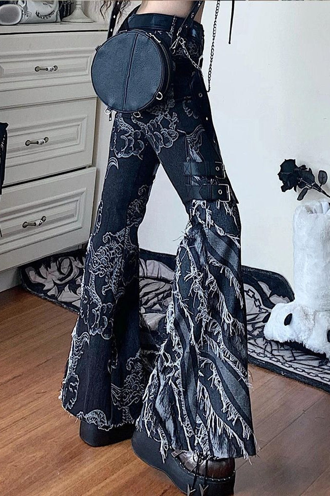 Retro Dragon Patchwork Flared Floor-Length Denim Pants