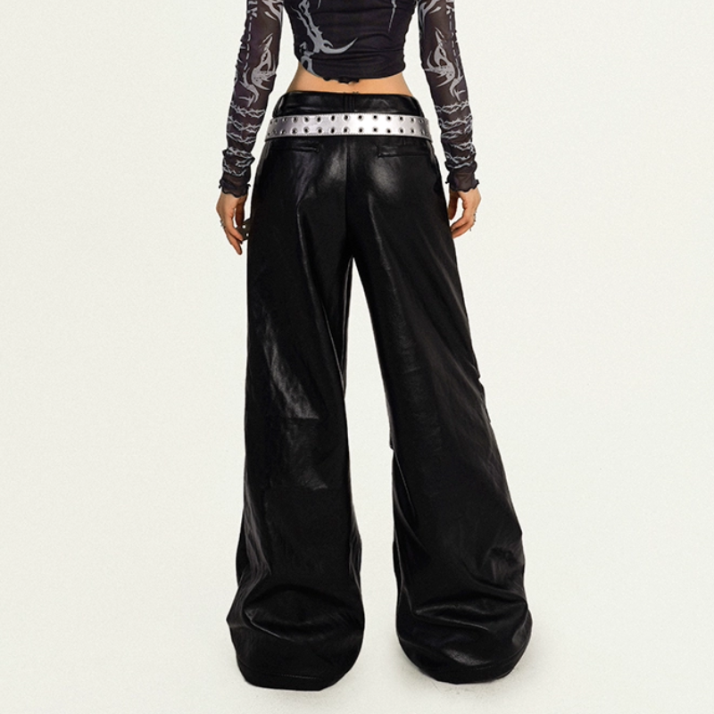 Hollow out PU leather button wide leg pant | Festival Outfits Women