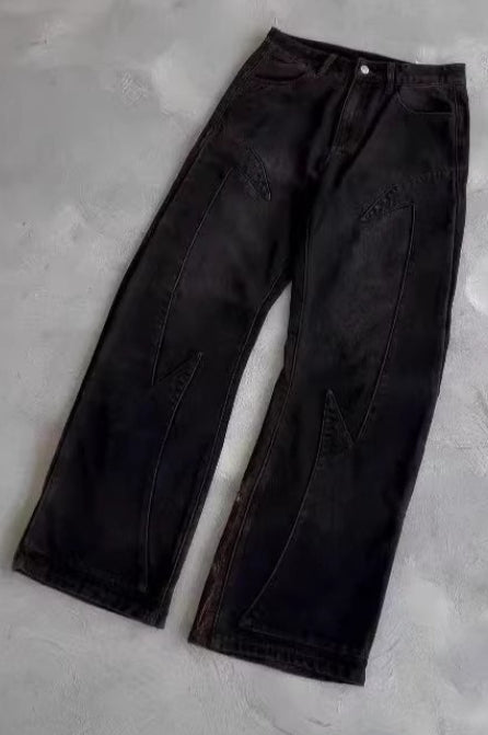 Vintage Print Loose Denim Pants