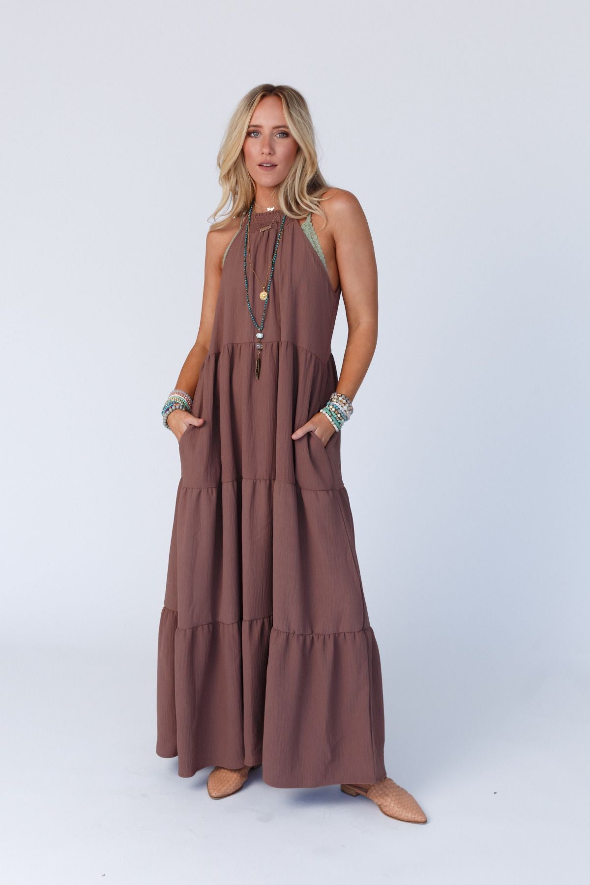 The Nest Scarlett Baby Waffle Tiered Maxi Dress - Mocha