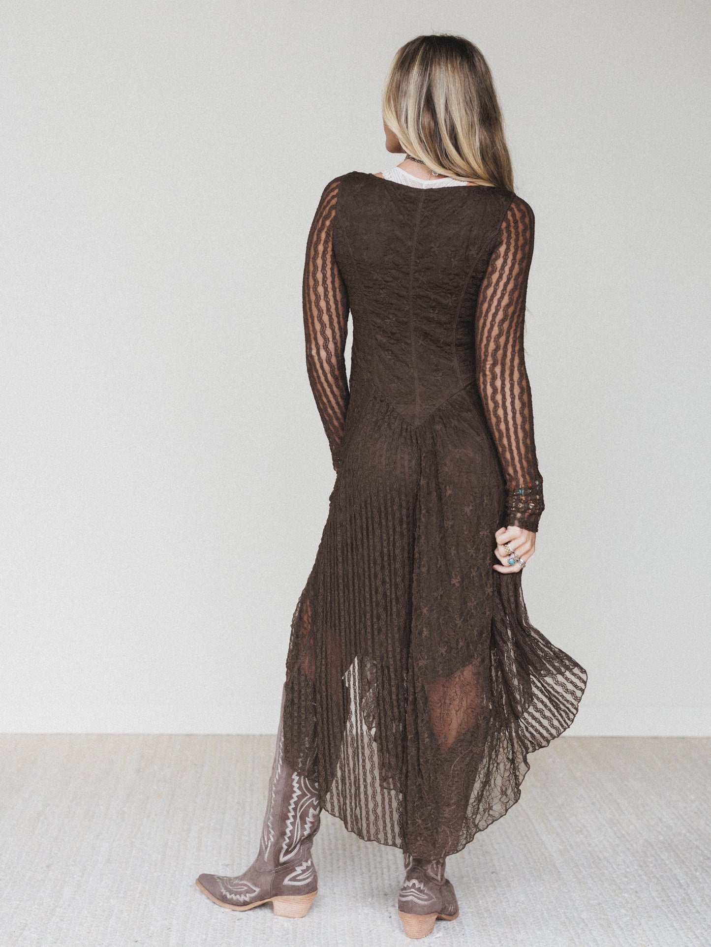 Lace Story Long Sleeve Midi Dress - Chocolate