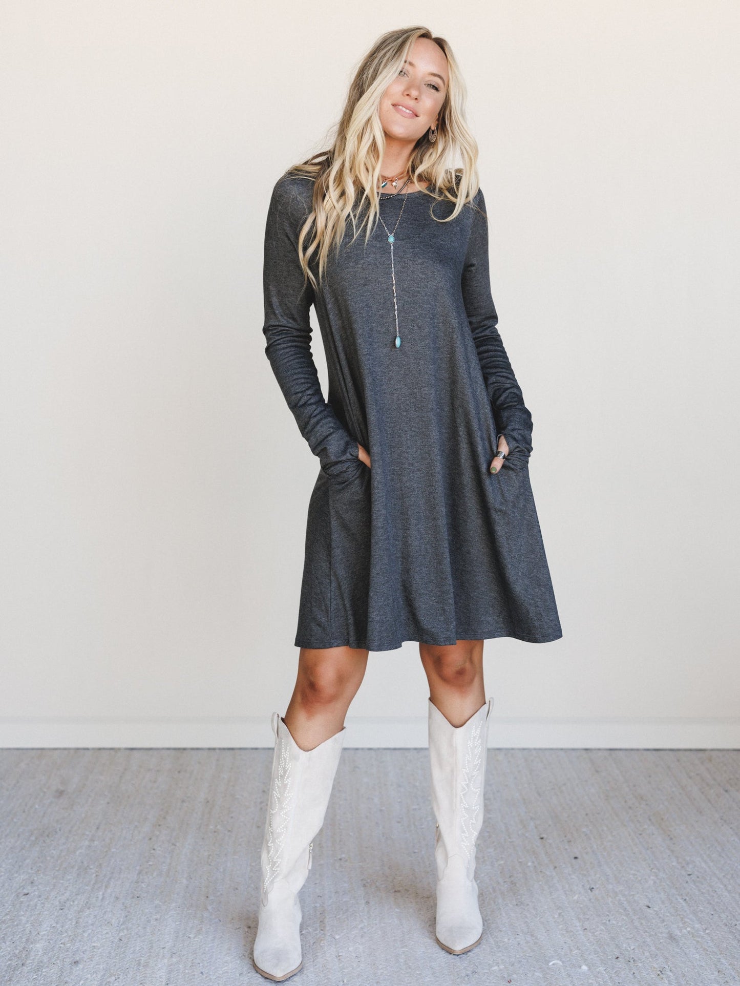 The Nest Jake Long Sleeve Crewneck Dress - Charcoal - Pre Order
