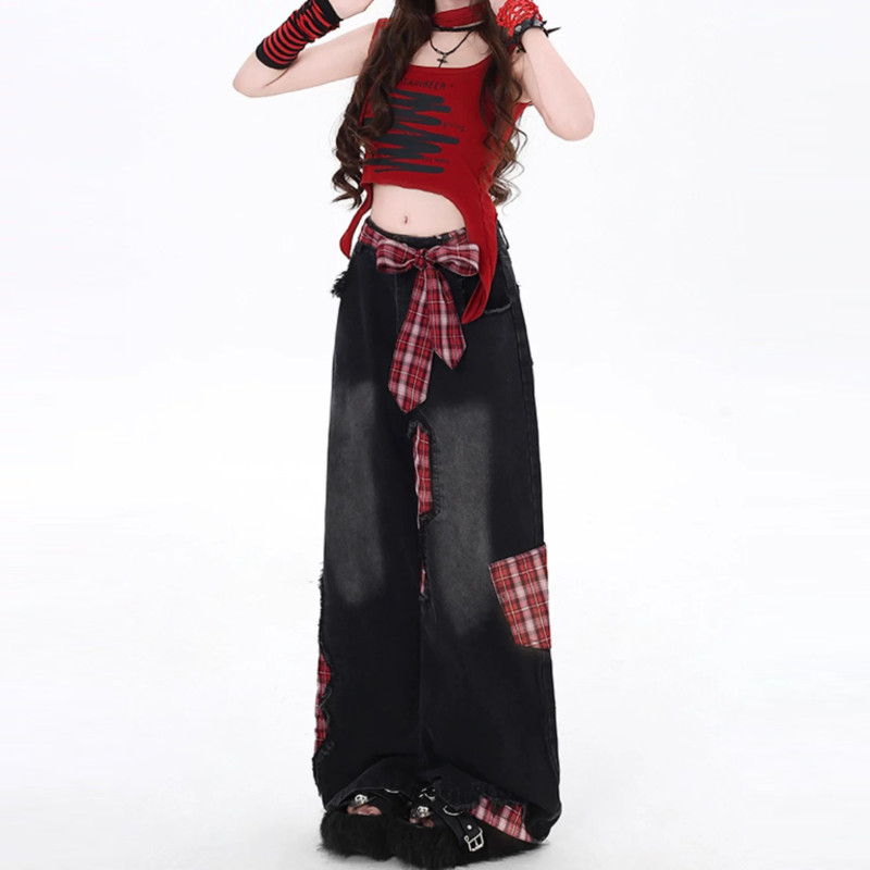 Plaid patchwork raw hem low rise straight leg | Baggy Low Rise Jeans | Festival Outfits Women