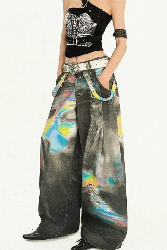 Cyber Punk Tie Dye Wide Leg Denim Pants