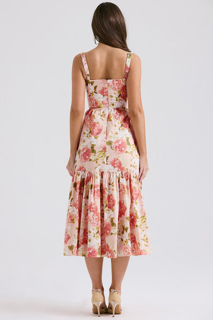 pink peony print cotton midi sundress