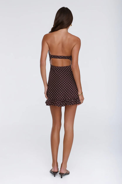 Own Your Glow Polka Dot Strapless Mini Dress Brown