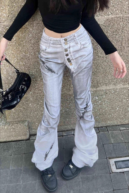Distressed Dyed Curved Buttoned Denim Pants