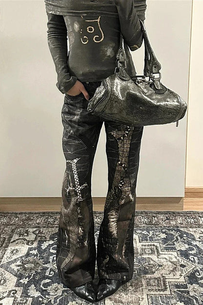 Snake Skin Gothic Punk Black Denim Pants
