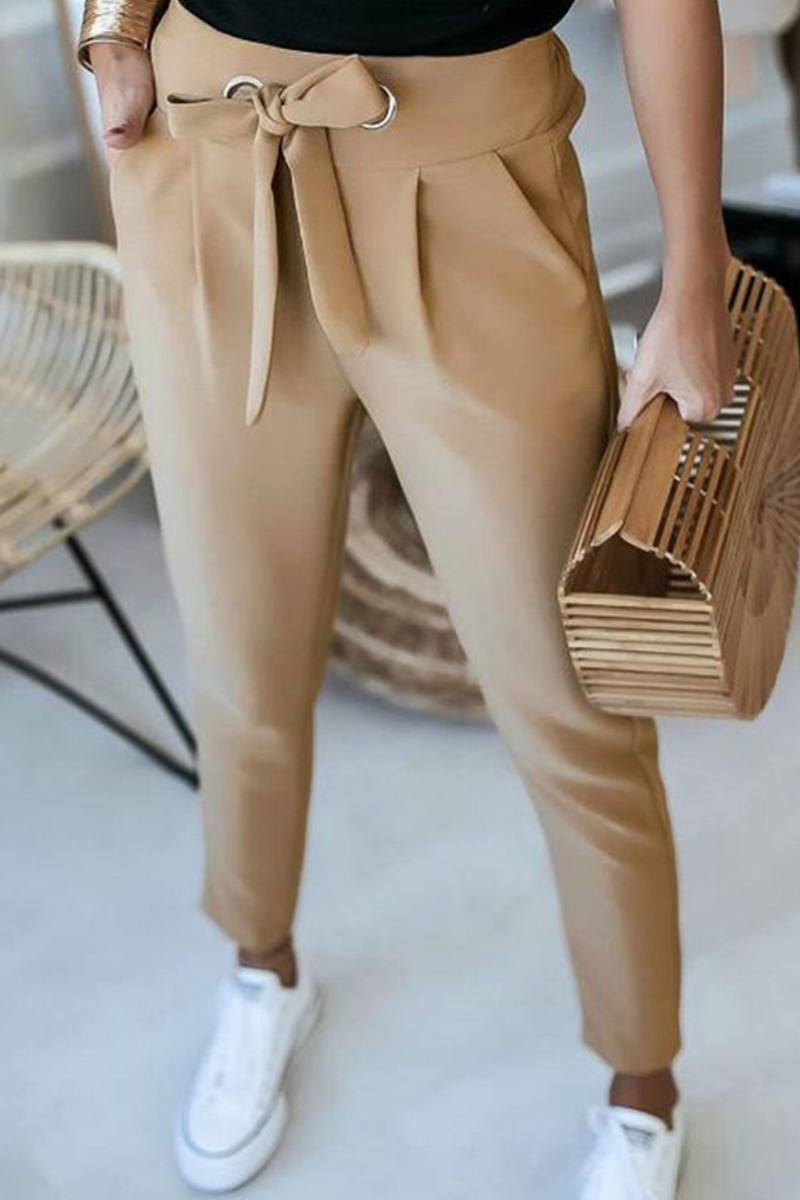 Casual Solid Patchwork Strap Design Pencil Solid Color Bottoms(3 Colors)