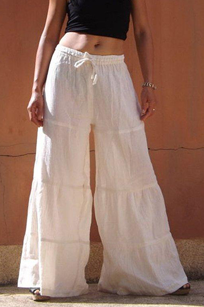 Casual Solid Patchwork Frenulum Loose Wide Leg Patchwork Bottoms(4 Colors)