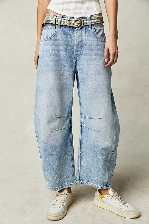 Casual Vintage Solid Pocket Without Belt Mid Waist Loose Denim Jeans(No Belt)