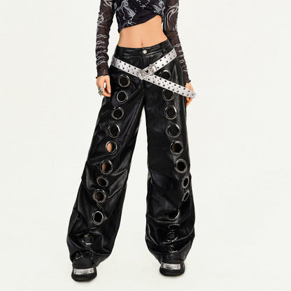 Hollow out PU leather button wide leg pant  | Festival Outfits Women