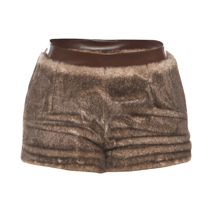Fluffy PU leather patchwork zip-up short pant  | Festival Outfits Women