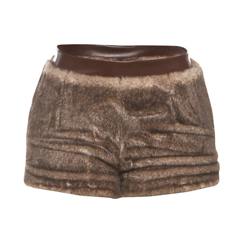 Fluffy PU leather patchwork zip-up short pant  | Festival Outfits Women