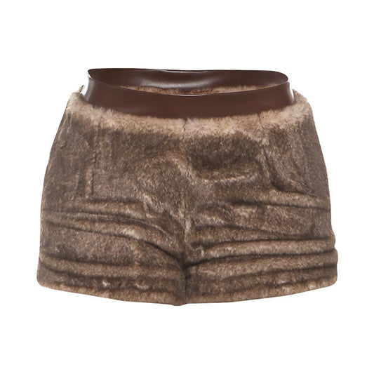 Fluffy PU leather patchwork zip-up short pant  | Festival Outfits Women