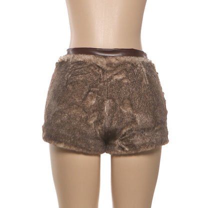 Fluffy PU leather patchwork zip-up short pant  | Festival Outfits Women