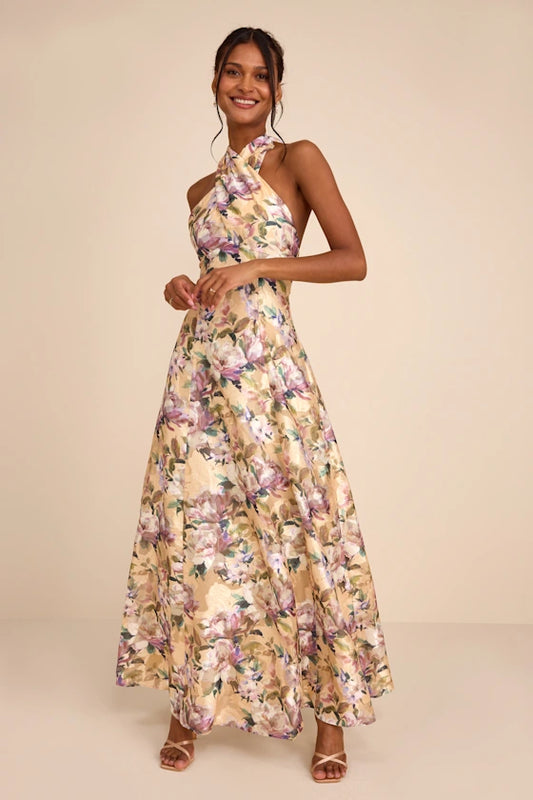 Samana Light Yellow Multi Floral Cross-Front Maxi Dress