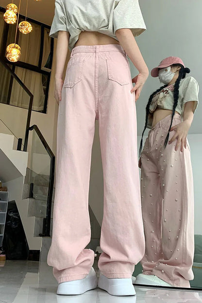 High Waist Cute Pearls Beaded Pink Jeans Pants