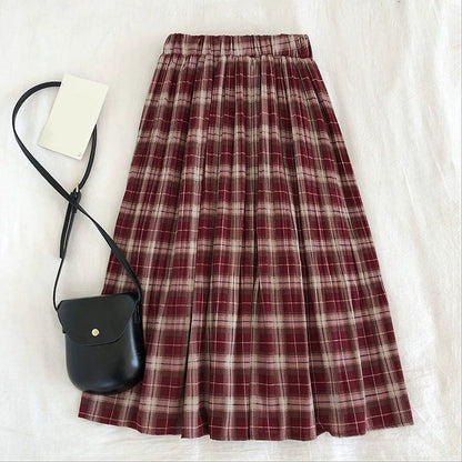 Elastic Waist Solid Plaid Pleated Long Skirts