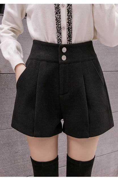 High Waist Wide Leg Woolen Office Shorts