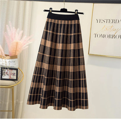 Vintage Plaid Elegant Knitted Long Skirts