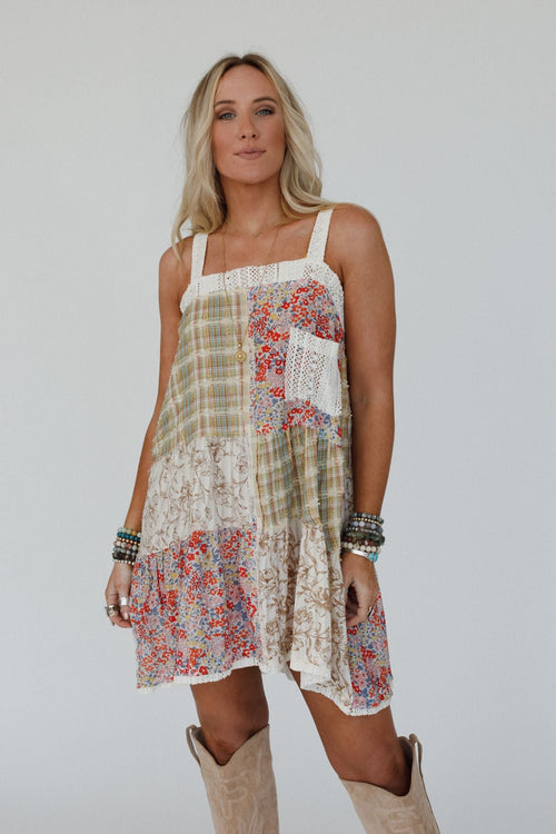 Golden Fields Patchwork Dress - Green - Pre Order