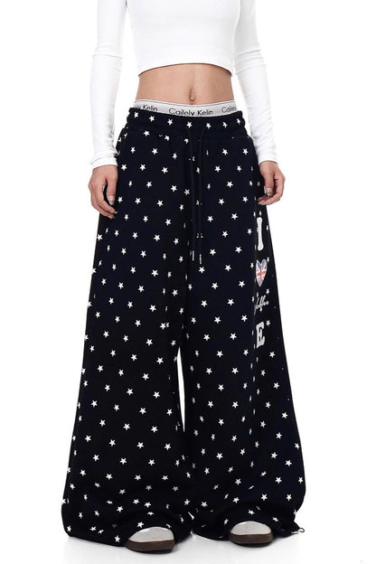 Star Print Drawstring Wide-Leg Pants