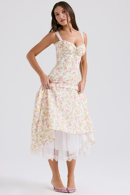 ivory meadow print cotton bustier sundress