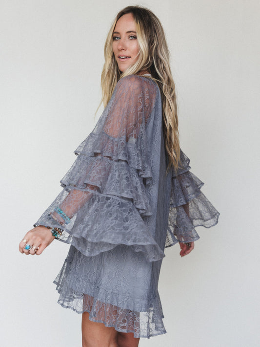 Rana Bell Lace Sleeve Dress - Grey - Pre Order