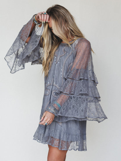Rana Bell Lace Sleeve Dress - Grey