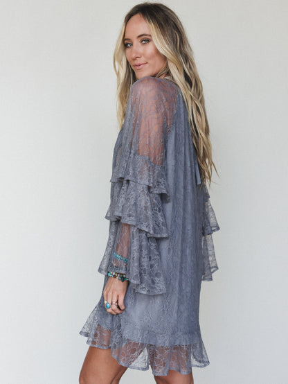 Rana Bell Lace Sleeve Dress - Grey