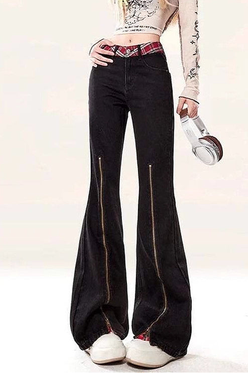 Star Patch Zipper Detail Bootcut Pants