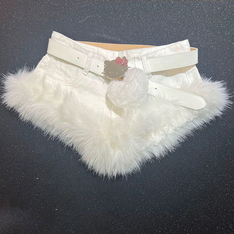 Fluffy low rise belt solid denim shorts without sweetheart applique  | Festival Outfits Women