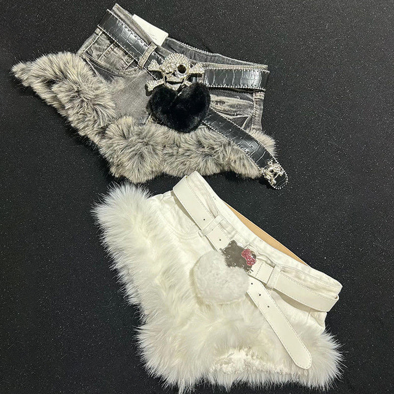 Fluffy low rise belt solid denim shorts without sweetheart applique  | Festival Outfits Women