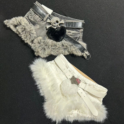 Fluffy low rise belt solid denim shorts without sweetheart applique  | Festival Outfits Women