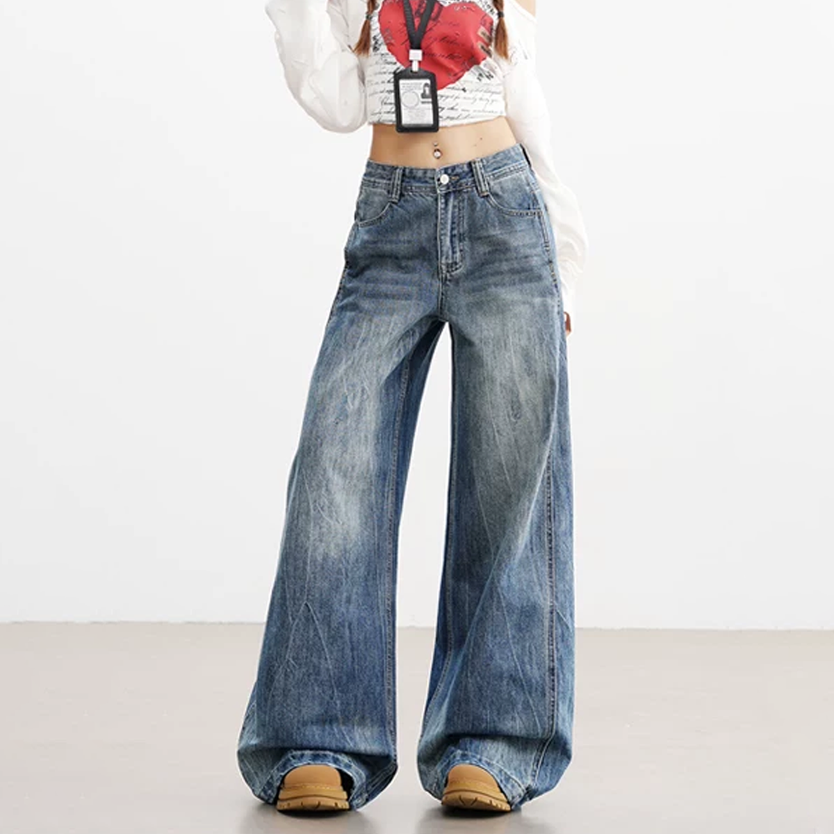 Lightning pattern button zip-up low rise straight leg | Baggy Low Rise Jeans  | Festival Outfits Women