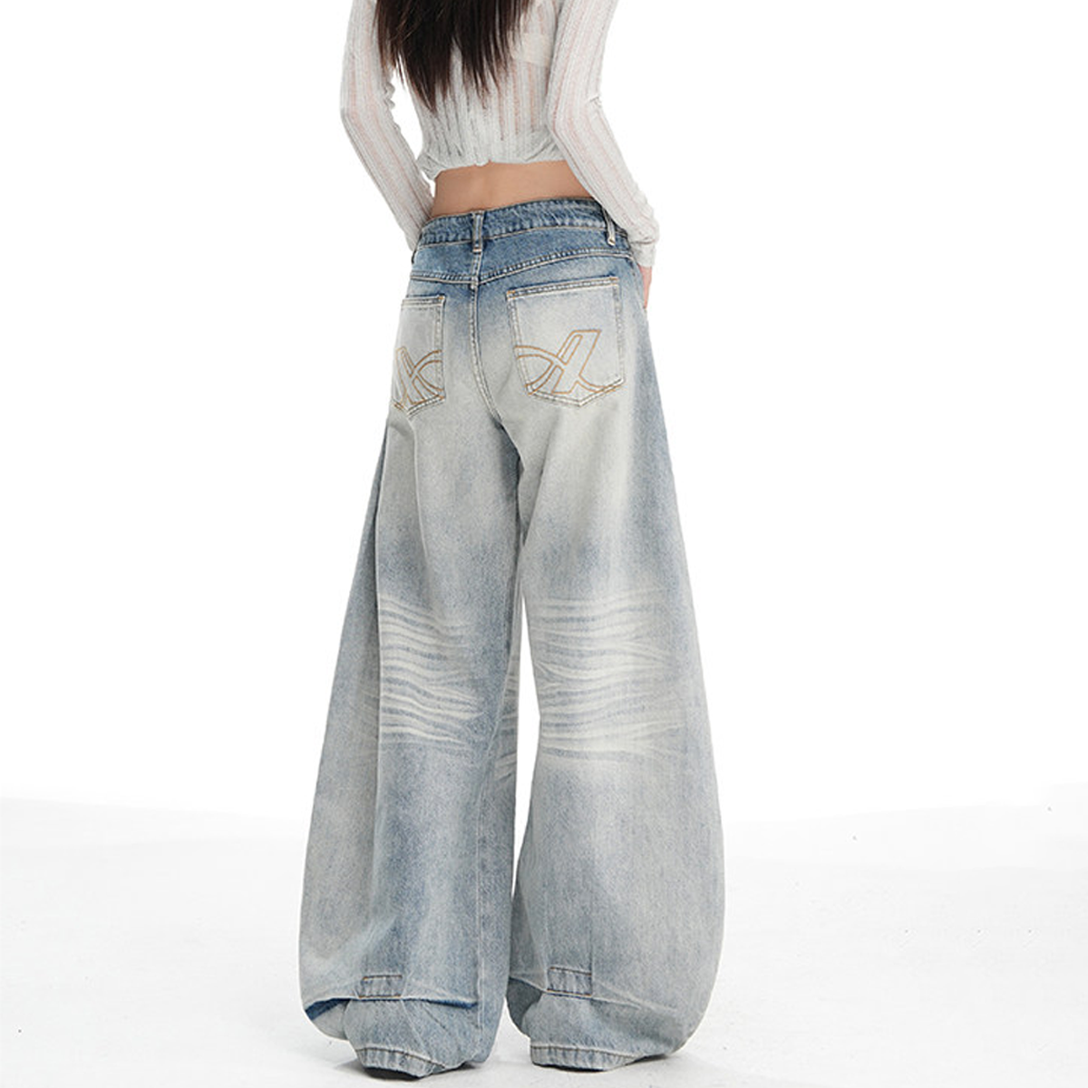 Stitch pocket button low rise wide leg | Baggy Low Rise Jeans  | Festival Outfits Women