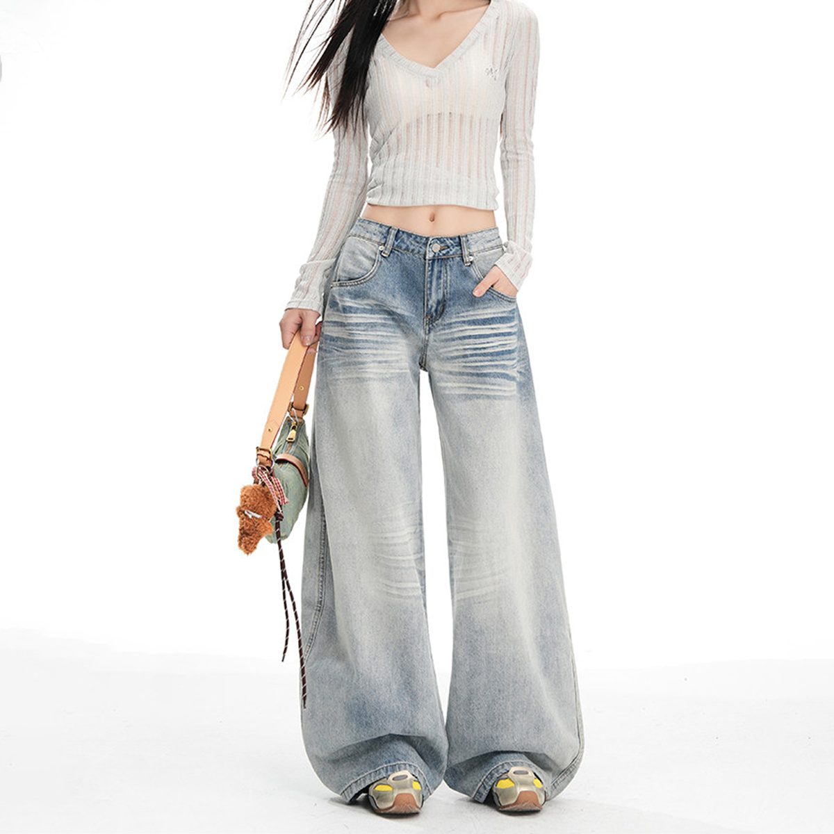 Stitch pocket button low rise wide leg | Baggy Low Rise Jeans  | Festival Outfits Women