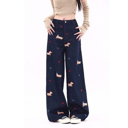 Bowknot embroidery button zip-up wide leg | Baggy Low Rise Jeans  | Festival Outfits Women