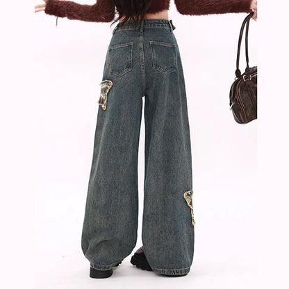 Raw hem butterfly pattern zip-up wide leg | Baggy Low Rise Jeans  | Festival Outfits Women
