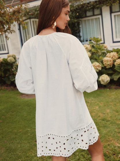 White Long Sleeve Broderie Summer Mini Dress