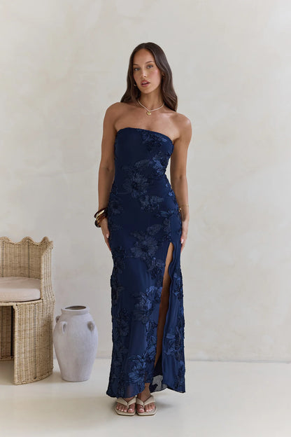 Under A Spell Strapless Mesh Maxi Dress Navy