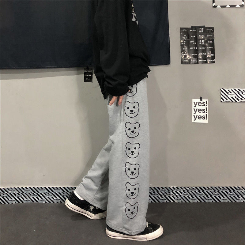 High Waist Bear Side Printed Loose Pants