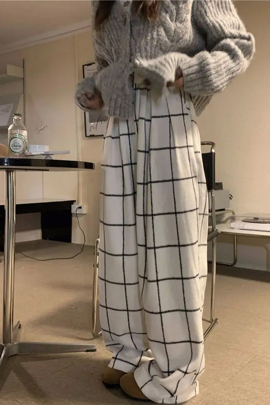 Loose White Plaid Long Homewear Pants
