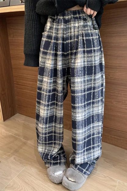 Vintage Wide Leg Plaid Long Warm Pants