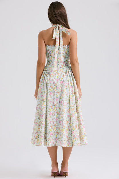 pale blue meadow print cotton halter sundress