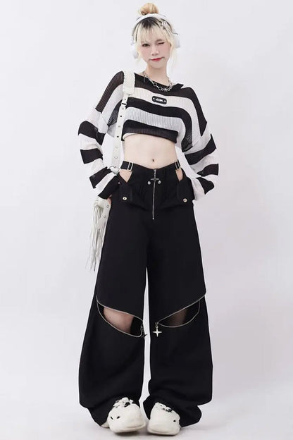 Loose Retro Cut Out Zipper Knee Pants