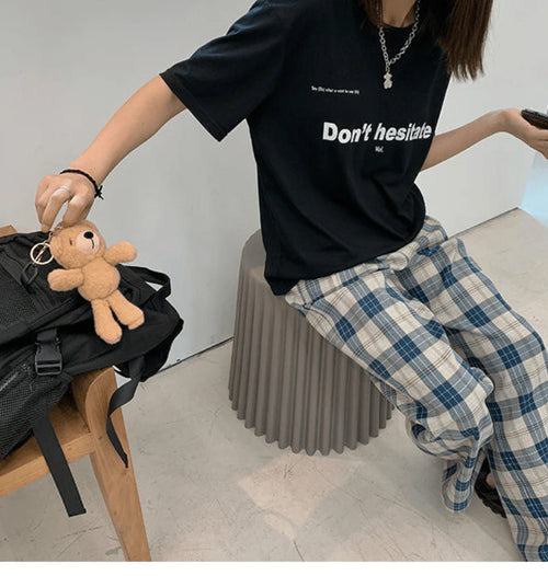 High Waist Blue Plaid Loose Wide Leg Pants